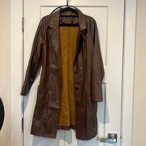 Brown leather polyester button-down Trench coat  jacket | SHEIN